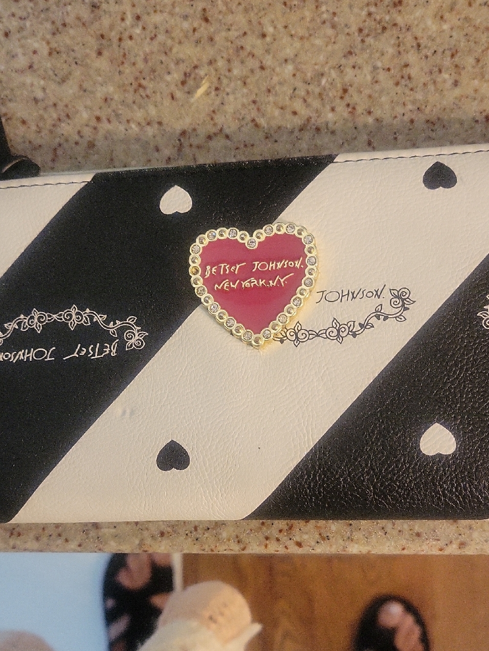 Betsey Johnson Black & White Heart Stripe Wallet with Pink Heart Accent